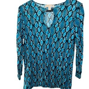 Michael Kors Teal and Black Snake-Print V-Neck Keyhole Long Sleeve Top